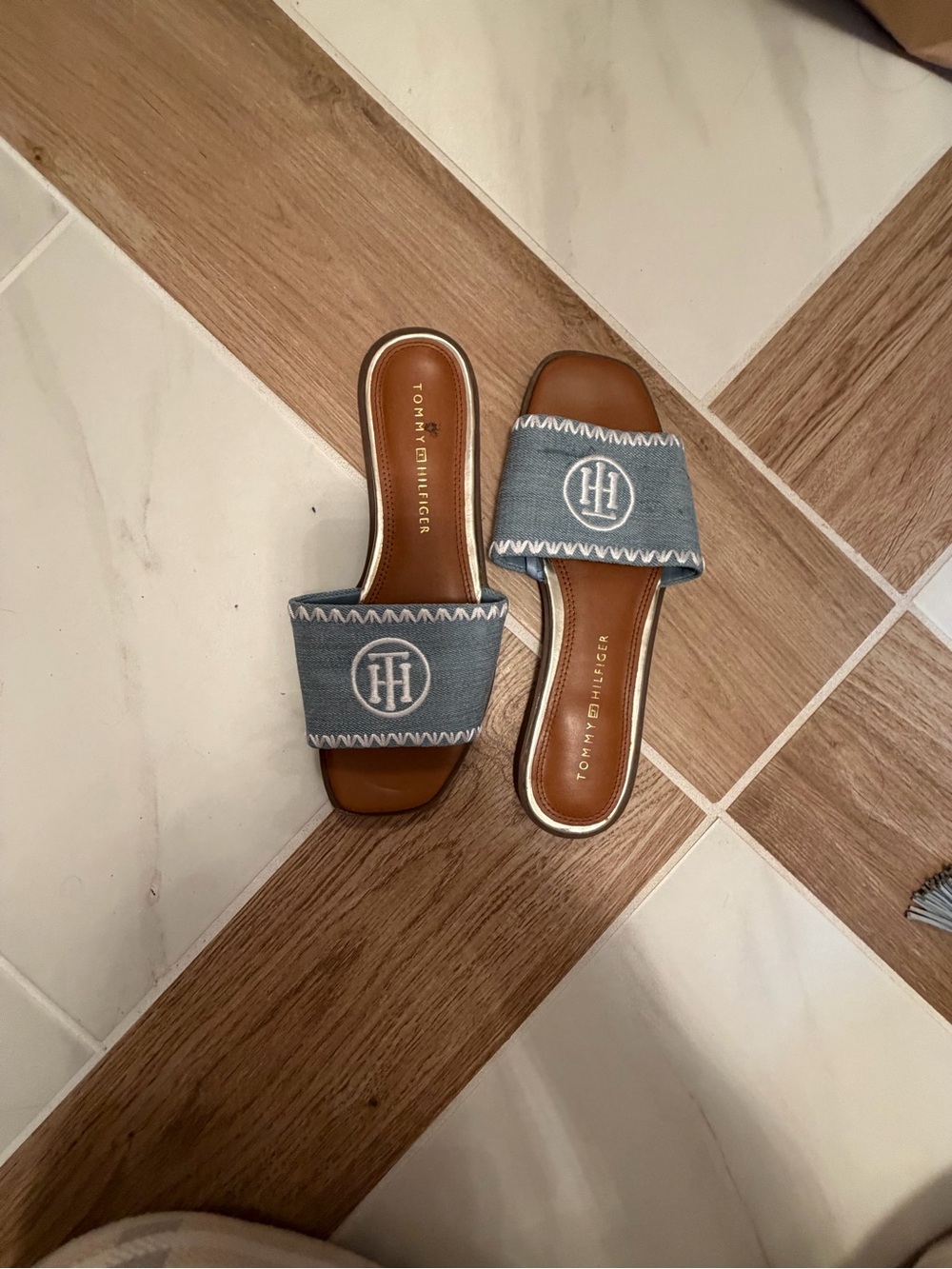 Tommy Hilfiger Denim Slide Sandals in Blue and Tan